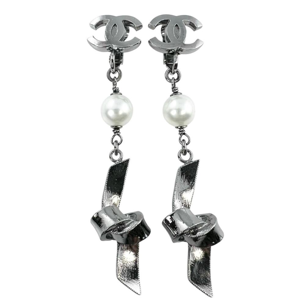 CHANEL Silver Pearl Logo Earrings